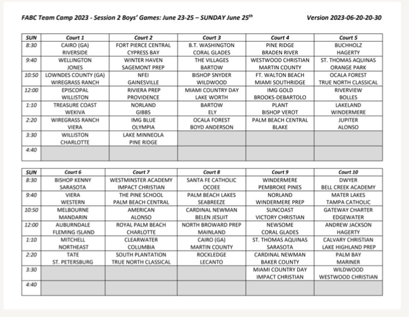 FabeHoops's tweet image. FABC SESSION 2 SCHEDULE
JUN 23 VS SANTA FE CATHOLIC 5:50 Court 5
JUN 24 VS LAKELAND 9:40am Court 1
JUN 24 VS FSU HIGH SCHOOL 2:20 Court 1
JUN 25 VS GATEWAY CHARTER 10:50am Court 10