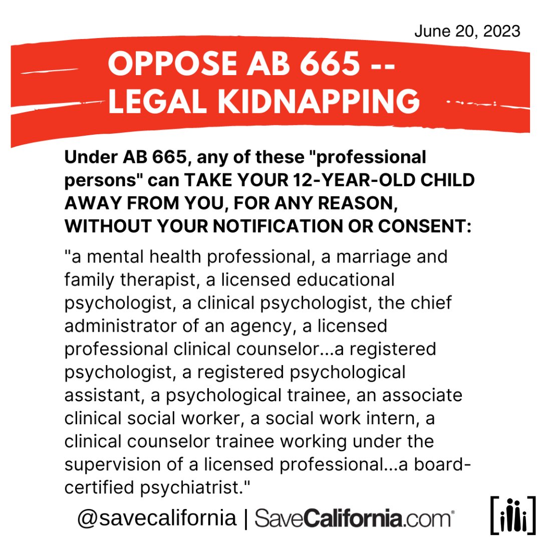 savecalifornia's tweet photo. AB 665 legalizing the Establishment kidnapping of 12-year-olds has passed another Democrat-controlled committee.
Please urge your own Calif. state senator to oppose AB 665. Find yours by entering your voter registration address: https://t.co/YC3J3bip8G
#momarmy #savecalifornia https://t.co/3LYJaRaaqo