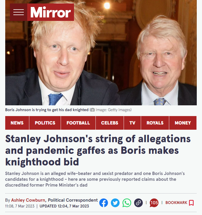 Referring to these two as 'The Right Honourable' and 'Sir' is about as far off the mark as you can get when it comes to viewing Boris and Stanley Johnson, respectively.  #JohnsonTheProvenLiar #JohnsonCorruptToTheCore