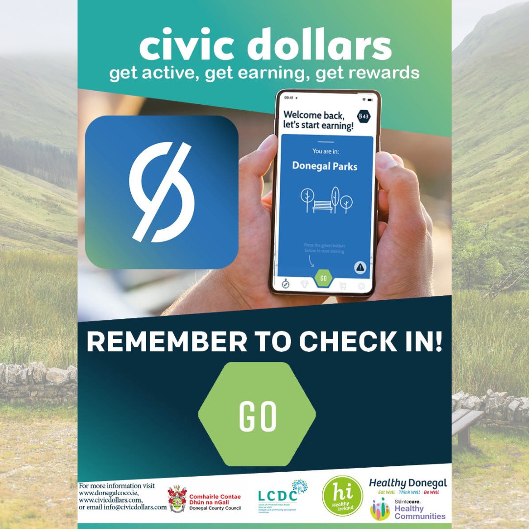 Get involved with the Civic Dollars project in #Donegal
Earn Civic Dollars in these parks to spend or donate 
Current earn zones in Donegal are:
🌳Rougey, #Bundoran
🌳 #Dungloe River Walk
🌳 Swan Park, #Buncrana
🌳 McGlinchey Town Park, #Letterkenny 
🌳 Drumboe Woods, #Stranorlar