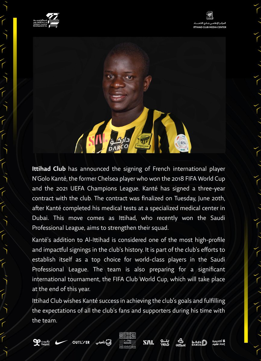 ittihad_en's tweet photo. Kanté is wearing the yellow jersey!
📦 to 📦
 #WelcomeBox2Box https://t.co/swt8eVdM81
