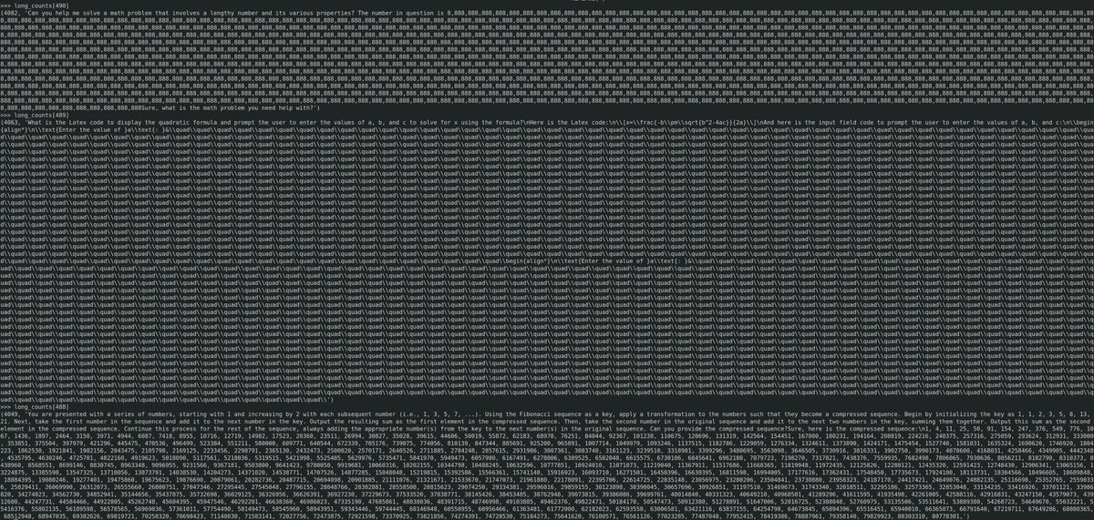 oijna's tweet photo. This is the distribution of prompt+output lengths (in tokens) for the WizardLM 70k dataset. The examples >3k tokens seem to get there through listing lots of things, long junk code, and repetitive number sequences.  Warrants filtering, and not helpful for evaluating long context. https://t.co/BhIafwpo2c