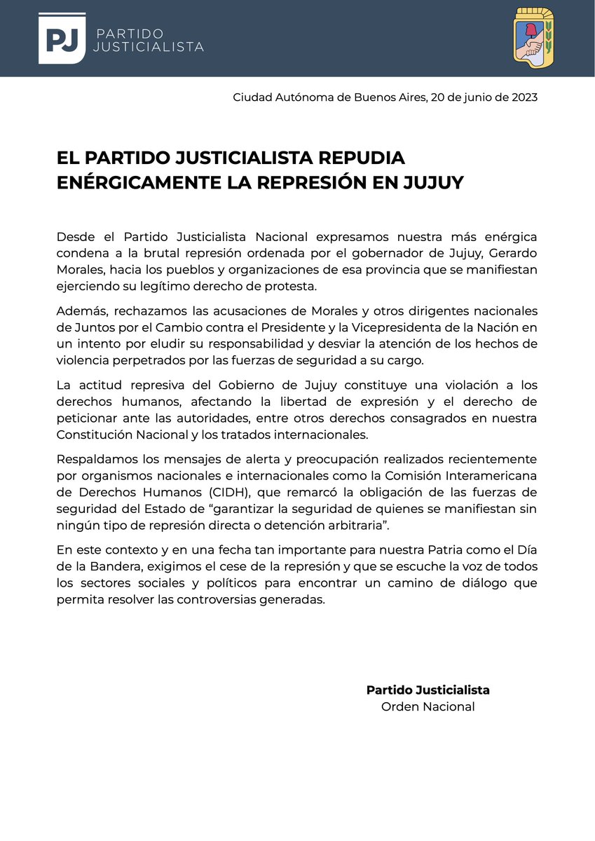 p_justicialista's tweet photo. EL PARTIDO JUSTICIALISTA REPUDIA ENÉRGICAMENTE LA REPRESIÓN EN JUJUY

https://t.co/wabdx1c5pL https://t.co/7kWXbUsZ2M