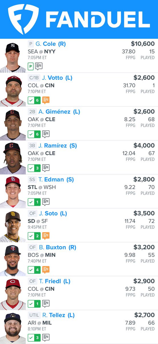 Here is tonight’s #MLB lineups for #Fanduel & #Draftkings