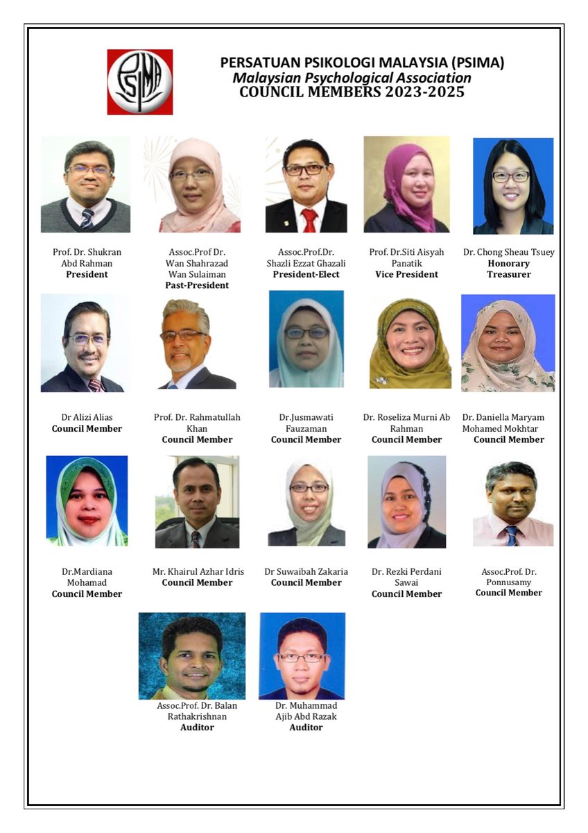 DrAliziAlias's tweet photo. Barisan ahli majlis Persatuan Psikologi Malaysia PSIMA 2023/2025.
#psima
#psikologi https://t.co/q89pB08nlT
