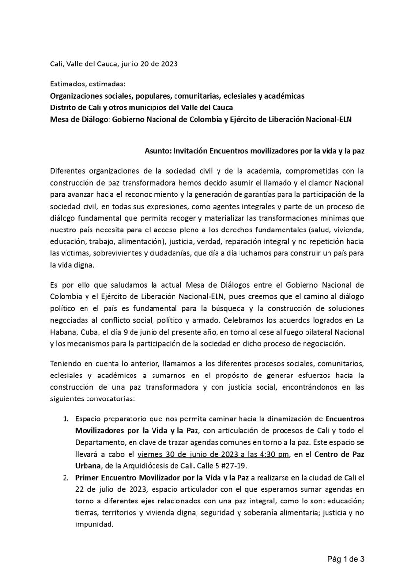 CiudadaniasPaz's tweet photo. 🕊️#Cali Más de 40 orgs de la sociedad civil y la academia, comprometidas con la construcción de #PazTransformadora, hacemos un llamado a la #MesaDeDiálogos: #Gobierno y #ELN para avanzar hacia un diálogo que nos permita materializar las exigencias mínimas
https://t.co/jlCI16Ce5N https://t.co/enDoDzg0yG