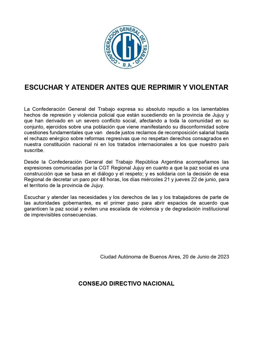 hectordaer's tweet photo. Ante los hechos de extrema gravedad institucional en la provincia de Jujuy, desde la CGT expresamos nuestra postura y convocamos a una conferencia de prensa en nuestra sede de Azopardo mañana miércoles 21 a las 14 hs. Comparto el Comunicado oficial. https://t.co/kIL0AVVOIE