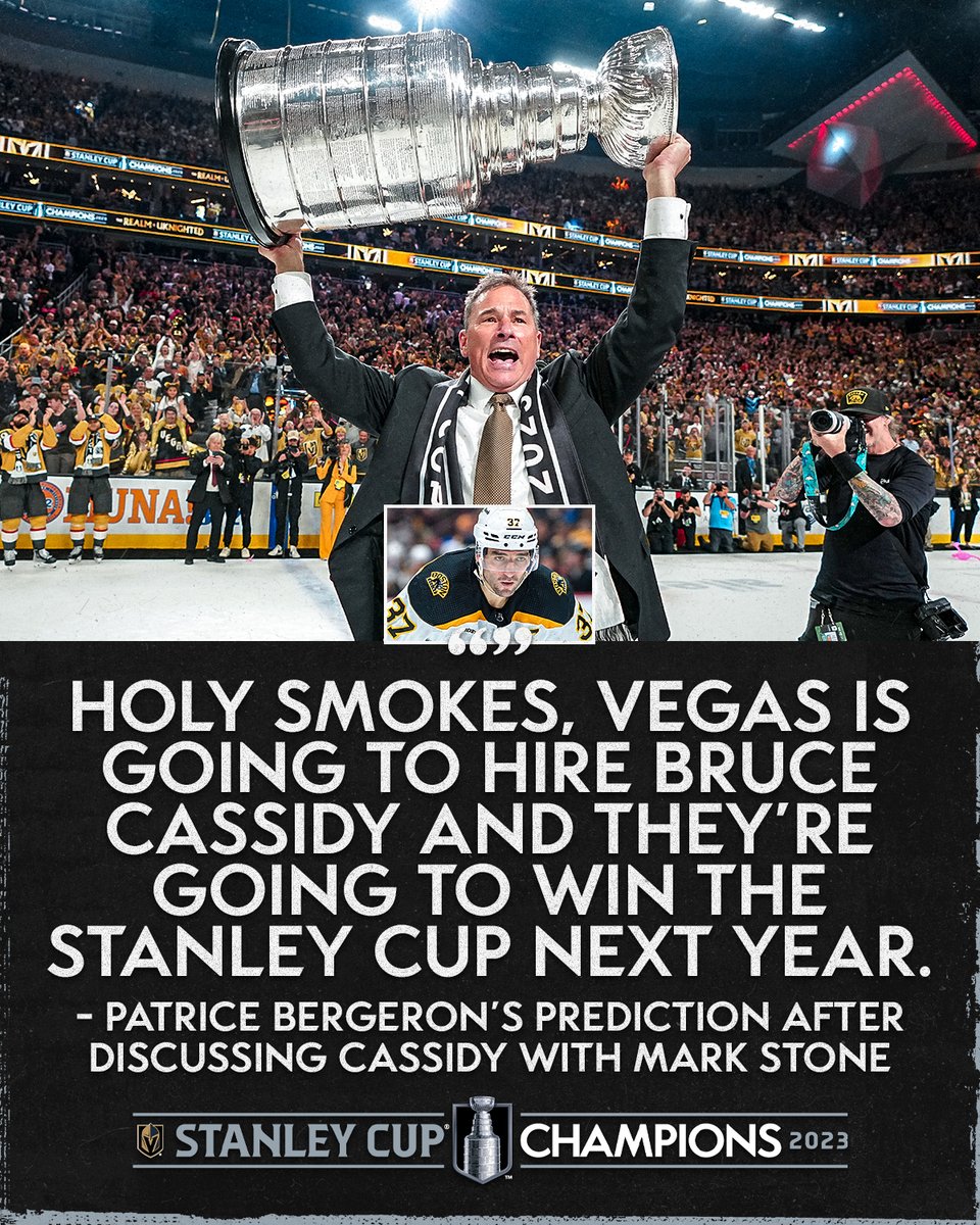 NHL's tweet photo. When Patrice Bergeron heard the @GoldenKnights might hire Bruce Cassidy, he made quite the prediction... 🔮 #StanleyCup https://t.co/MDaH1UZUVd