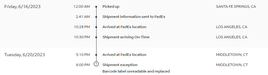 Googalash's tweet photo. Dear @FedEx Why are you so useless? Why did my package that was in LA going just up the coast to Seattle spend 4 days going across the country to Middleton, CT?

You all need to get your $#!^ together... https://t.co/Bh0aFC4voS
