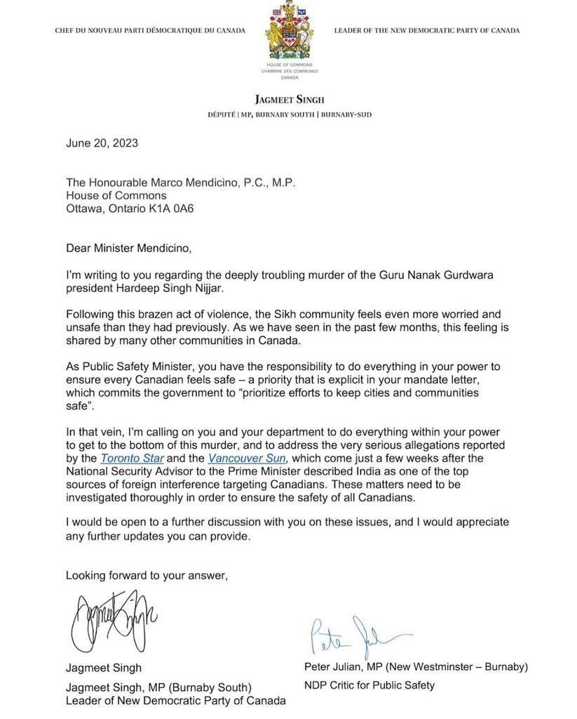 GurpreetSSahota's tweet photo. NDP leader @theJagmeetSingh wrote to Public Safety minister of Canada and expressed the concerns of Canadian Sikhs. Sikhs were expecting that elected Sikh politicians and other politicians in Canada will openly condemn the brutal killing of a Canadian citizen, an unanimously selected president of a known Gurdwara Sahib, on Canadian soil but their silence on this issue is worrisome and troubling.