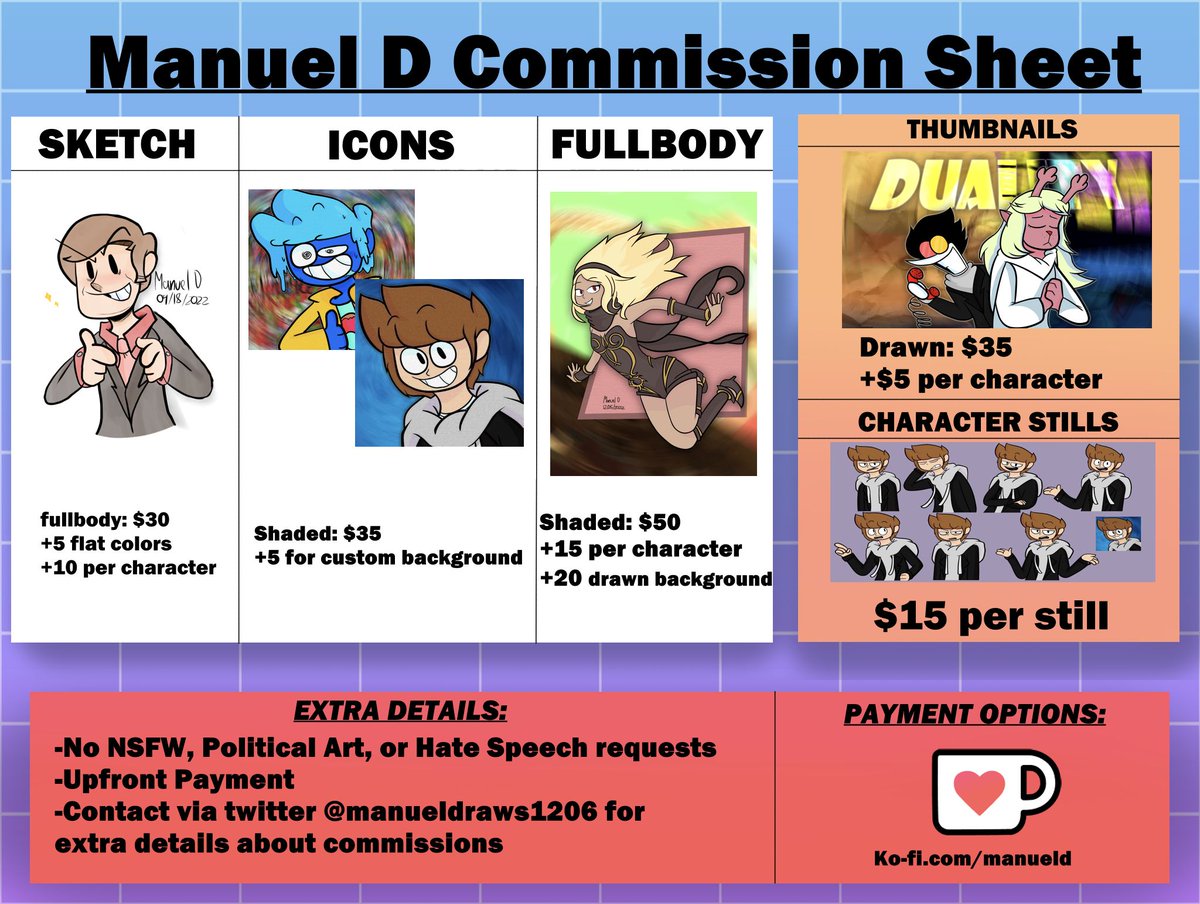 OPENING UP COMMISSIONS! I decided to open up drawing commissions! If you want to support me, please consider commissioning me or donating to my Kofi! DM if you are interested in commissioning me Likes and Retweets greatly appreciated! ko-fi.com/manueld