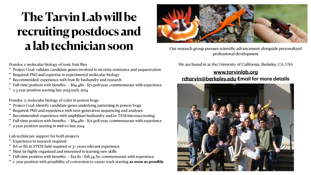 Hello #Evol2023 -- I am preparing to recruit 2 postdocs and 1 lab technician in the next year. More details coming soon (will ads post here), but I wanted to get the word out! See image below for details. Also see our website tarvinlab.org &amp; email me if interested