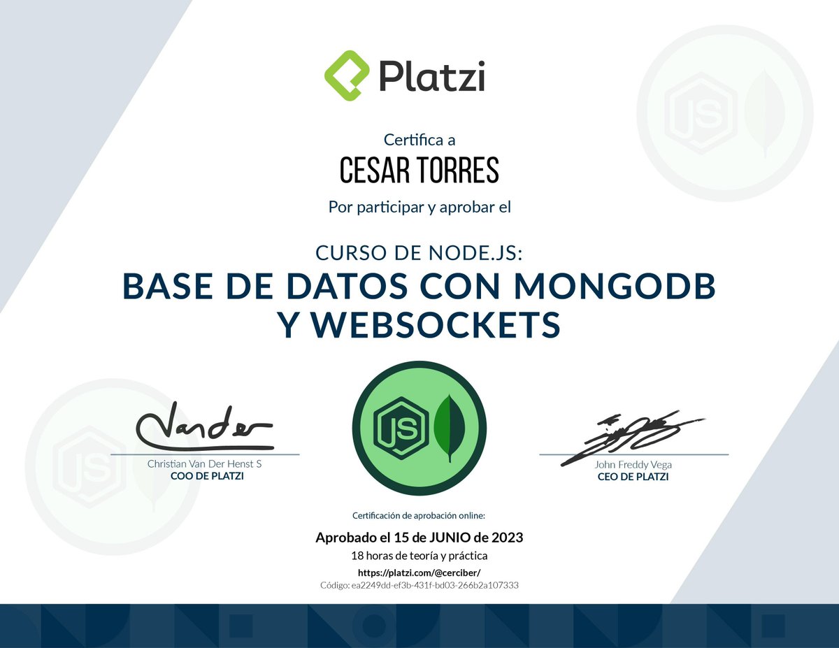 cerciber's tweet photo. 🙇🏻‍♂️ Estudiando bases de datos no relacionales con MongoDB y Web Sockets con SocketIO. Arquitectura escalable de backend. Procesos en tiempo real. Node.js. ✨

#platzi #mongodb #express #nodejs #javascript #socketio https://t.co/SmzdXgbznT
