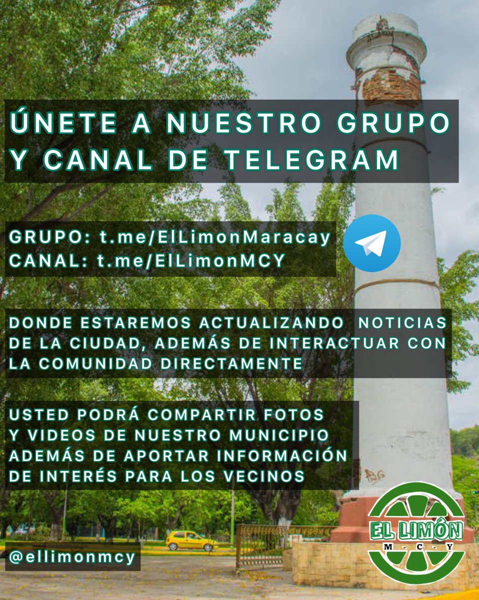 #ElLimónMCY

El Limón está ampliando sus plataformas para que te mantengas al día con las noticias de nuestra ciudad

Te invitamos a unirte a nuestro canal y grupo de Telegram 

t.me/ElLimonMCY
t.me/ElLimonMaracay

#ellimon #ellimonmcy #ellimón #maracay