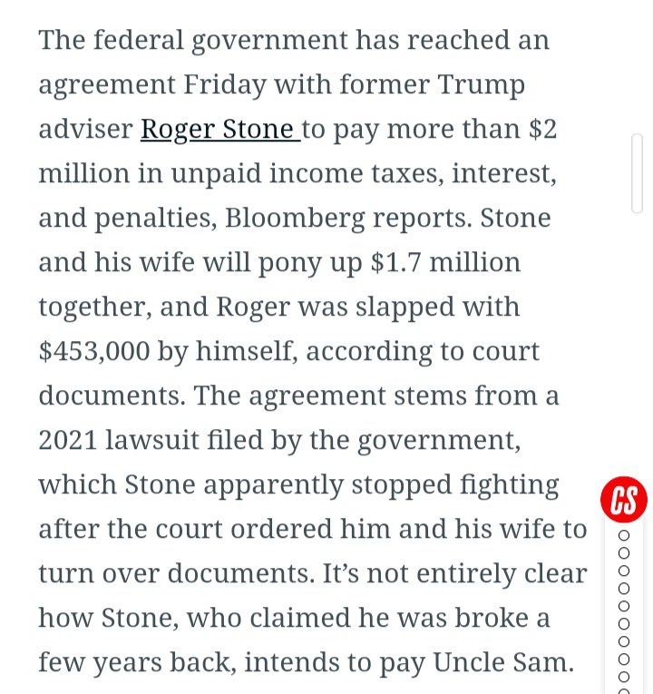 @SpeakerMcCarthy Now do ROGER STONE
He has owed $2 MILLION back taxes for yrs. He defaulted on his payment agreement, he lied to the IRS, he created a trust to funnel money into, he made another payment agreement
No jail time!
Nice try HYPOCRITE 🤦‍♀️🤡
#GOPHypocrisy 
#RogerStone
#HunterBiden