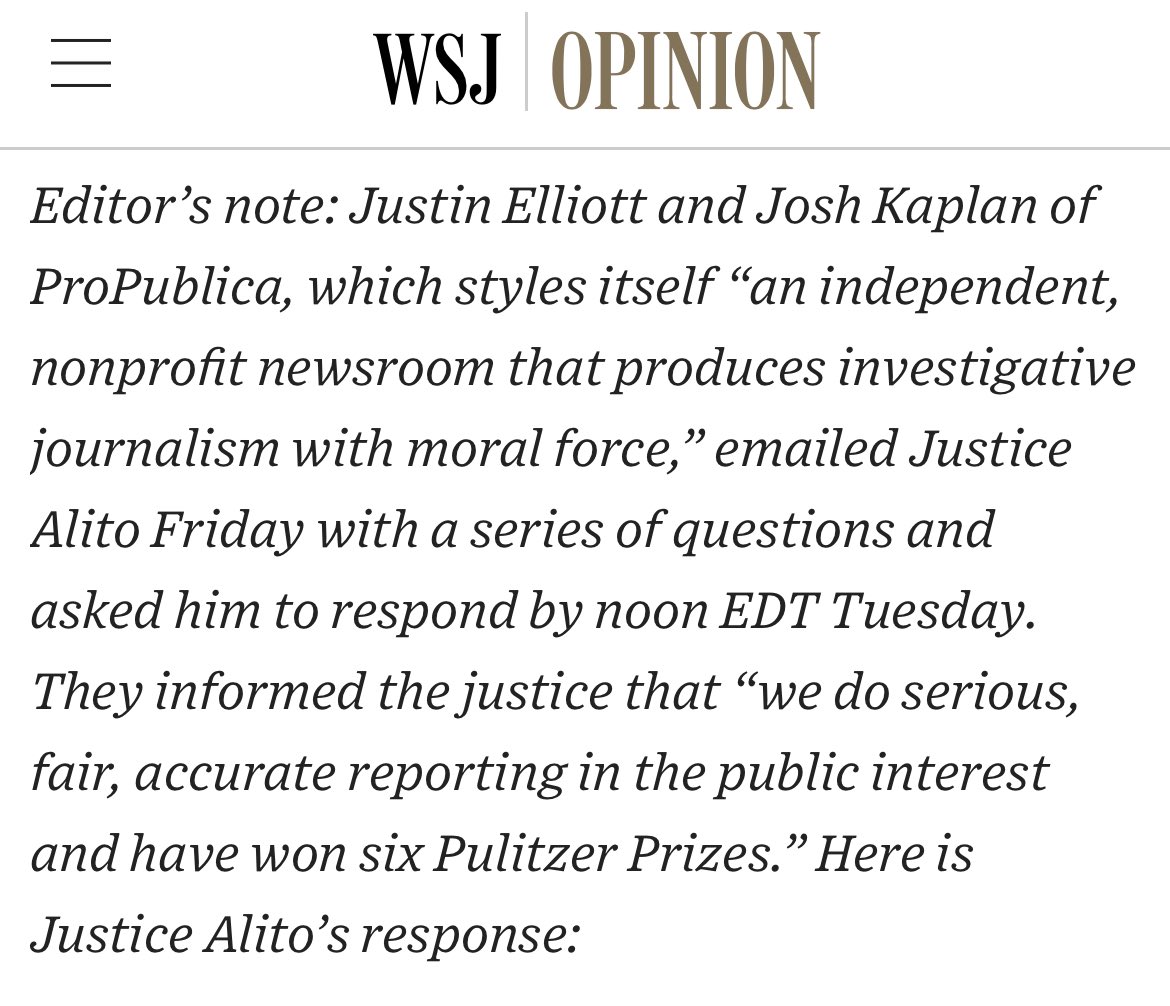 jaywillis's tweet photo. ProPublica emailed some questions for a story to Sam Alito and instead of answering the questions or just ignoring the email, he ran to his little gremlin friends at the WSJ Opinion section and wrote a blog post about it https://t.co/Jti0xZz9Tk https://t.co/TmodINRuTA