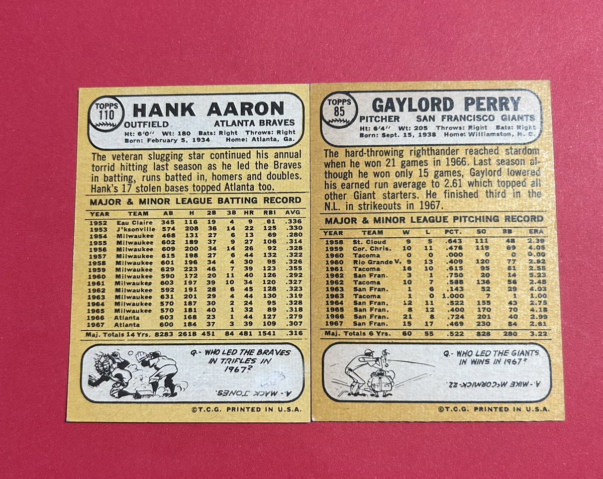 sportsguy_TO's tweet photo. Mail day brings us two ‘68 Topps HOFers. Thank you @DanTradesCards for the great deal on these two beauties. Need some help here I think the Aaron may be a Milton Bradley by the thin white line along the bottom and yellow back. Anyone else know for sure? #VintageCards #68Topps https://t.co/RN06VNjiVO