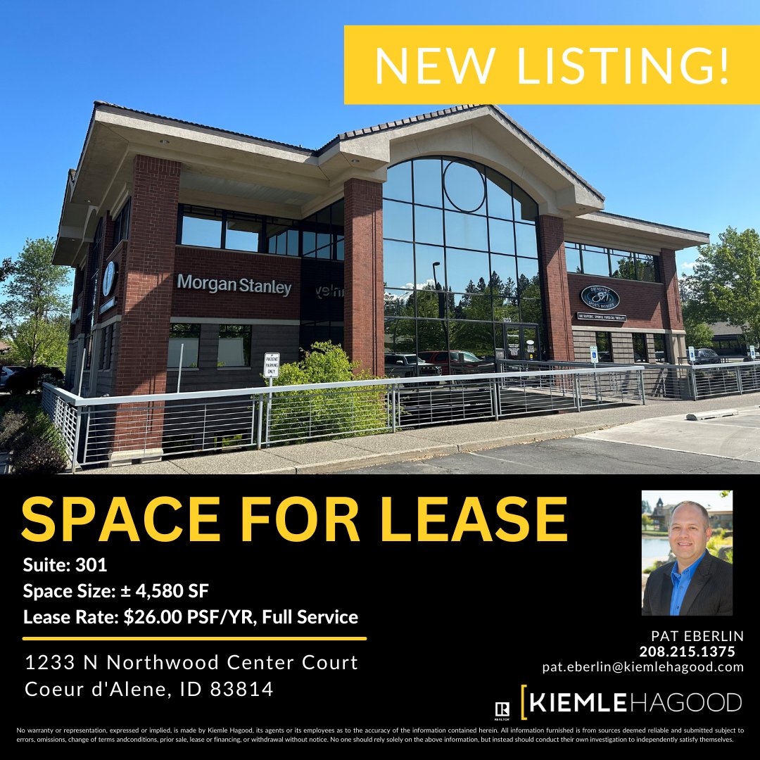 KiemleHagood's tweet image. NEW LISTING! 
Office Space for Lease! 
High-profile professional office building w/ easy access to I-90 and HWY 95.
1233 N Northwood Center Ct, Coeur d'Alene, ID 83814

Flyer Link: ow.ly/4mGq50OTiGh

#kiemlehagood #pateberlin #CDAid #officespace #forlease