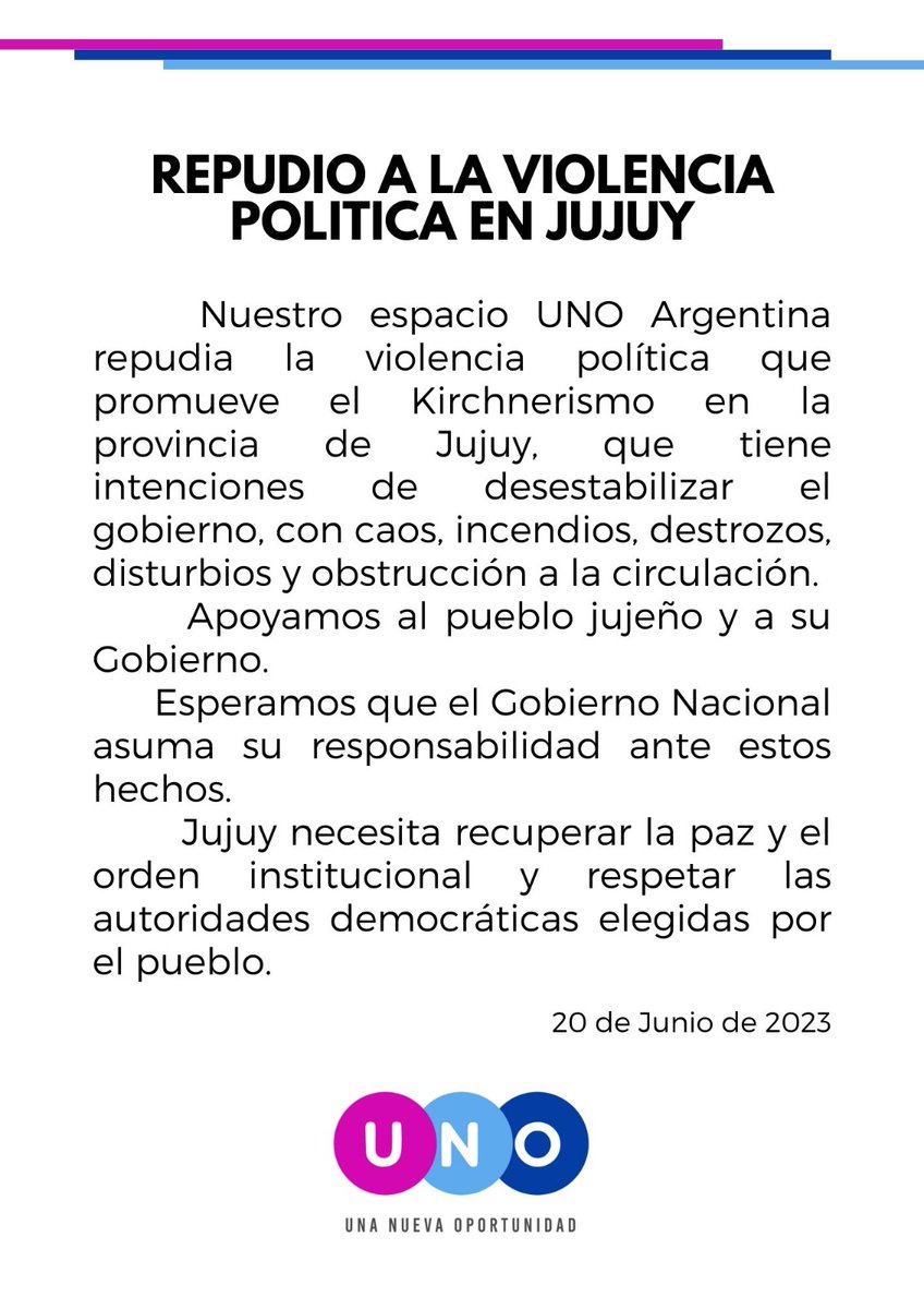 Desde nuestro espacio nos expresamos sobre la situación de Jujuy. 
#SomosUNO