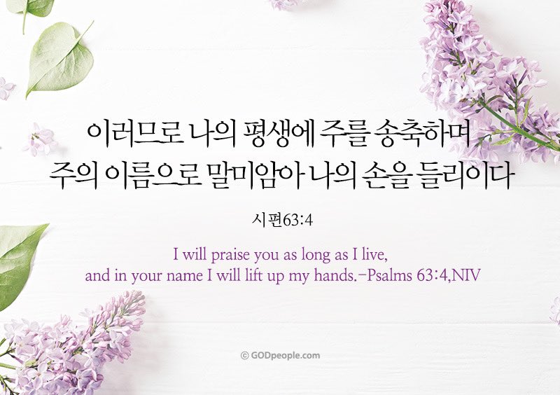 [시63:4] 이러므로 나의 평생에 주를 송축하며 주의 이름으로 말미암아 나의 손을 들리이다

[Psalms 63:4, NIV] I will praise you as long as I live, and in your name I will lift up my hands.
