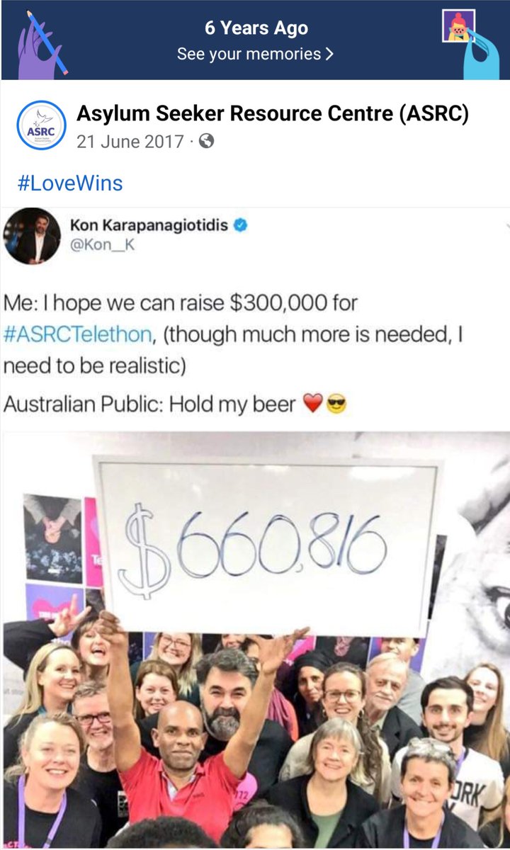 Wow, look what popped up in my FB timeline reminders this morning. 6 years ago, @Kon__K and the @ASRC1 hoped to raise $300,000 for their #ASRCTelethon but doubled it. And yesterday, they raised $1,340,379 on #WorldRefugeeDay! 👏 donate.asrc.org.au/telethon