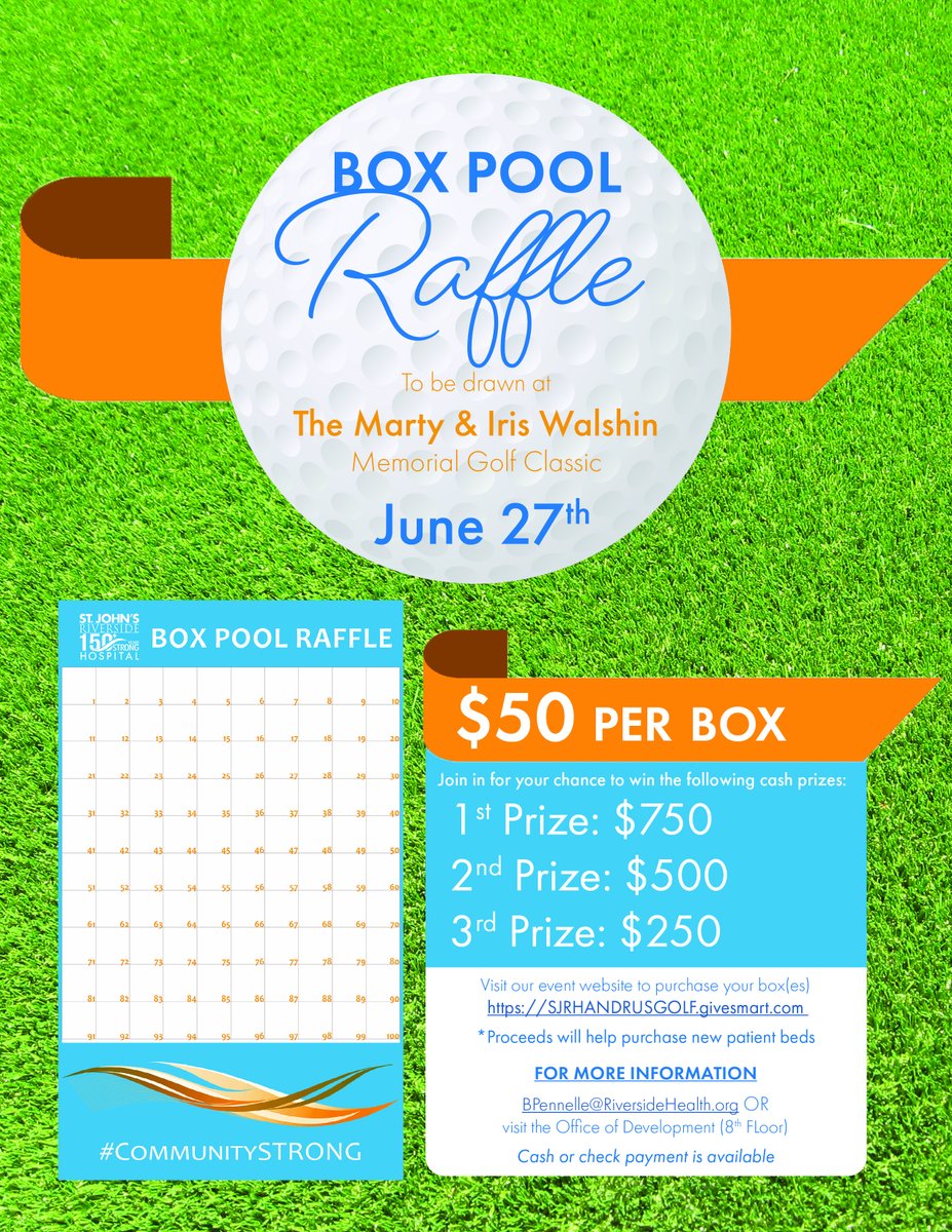 Swing by our Box Pool Raffle link for your chance to WIN! visit ecs.page.link/CH677 #SJRHGolfFundraiser #CommunitySTRONG