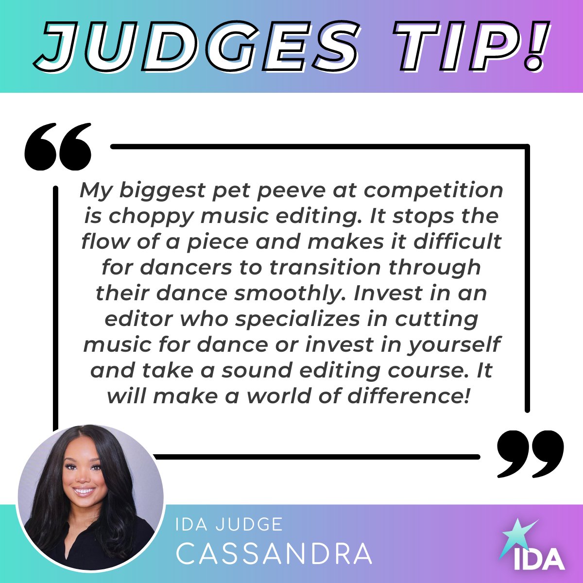 IDAadjudicators's tweet photo. This week's #TuesdayTip comes from IDA Judge Cassandra! 

Follow us on social media for more weekly tips straight from our IDA Judges every Tuesday! ⭐️ #MakingTheImpact https://t.co/6kbzheyly0
