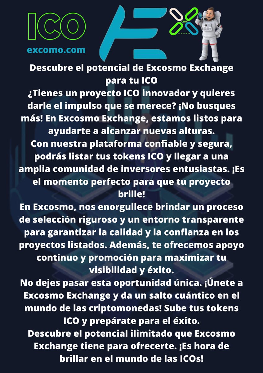 CryptoN41205089's tweet photo. ¡Descubre Excosmo! La oportunidad única para proyectos blockchain. Crea tu propio token,  No esperes más, aprovecha esta oportunidad en el fascinante mundo de las criptomonedas. ¡Visita https://t.co/2zcJY5FpYQ y cambia tu futuro hoy mismo! #Excosmo #Blockchain #Criptomonedas https://t.co/76sgJZYTc4