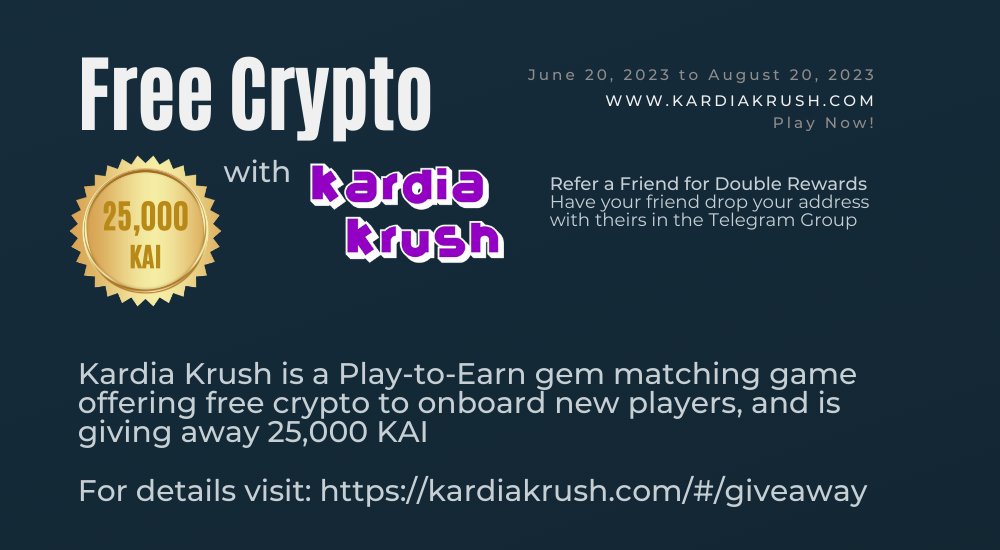 🚨Massive Crypto Giveaway🚨

🎁 25,000 KAI
⏰ June 20 - August 20
ℹ️ kardiakrush.com/#/giveaway

#Kardiachain #Kyokai #Phygital #MassAdoption
#CryptoAirdrop #CryptoGiveaway #Airdrop #AirdropAlert