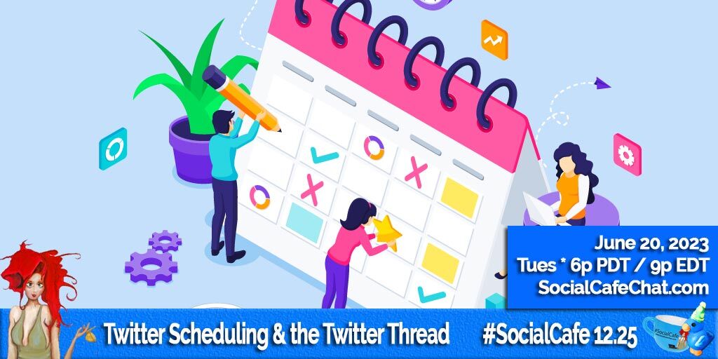 socialwebcafe's tweet image. Join us in about 90 min as we " #TwitterChat " about scheduling those tweets and also about Twitter Threads (what are they and what do we do with them?).... 

6p PDT / 9p EDT / 3a CET (W)

hashtag:  #SocialCafe