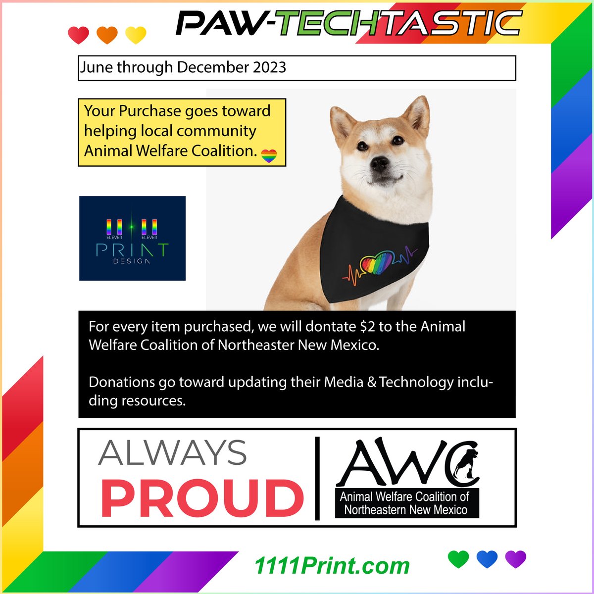 PAW-TechTASTIC!
For every item, we will donate $2 to the local AWC of Northeastern New Mexico from June through December 2023!

PAW-TechTastic will assist AWC on an update to their Media & Technology.

#lasvegasnm #NewMexico #1111print
1111print.com