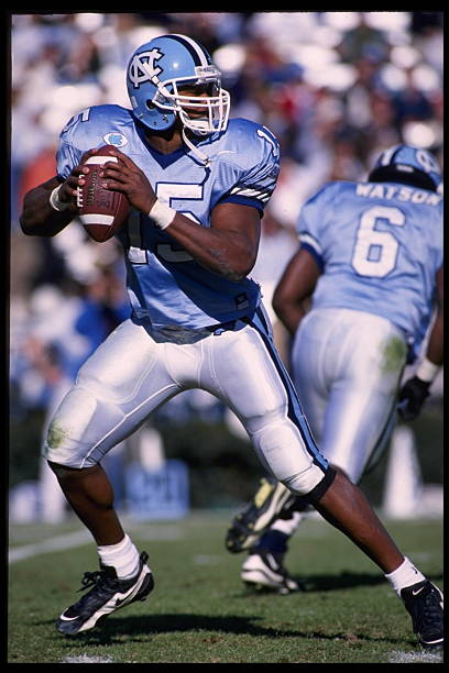 Tar Heel QB Mike Thomas drops back to pass against dook in 1995.  #UNCommon #unc #tarheels #GoHeels #ACC #CarolinaFamily #CarolinaFootball #GDTBATH #UNCfootball PHOTO COURTESY OF:  Getty Images