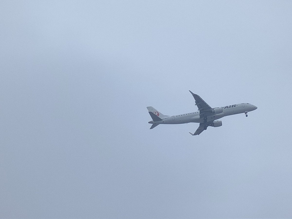 今朝の着陸態勢の飛行機です。