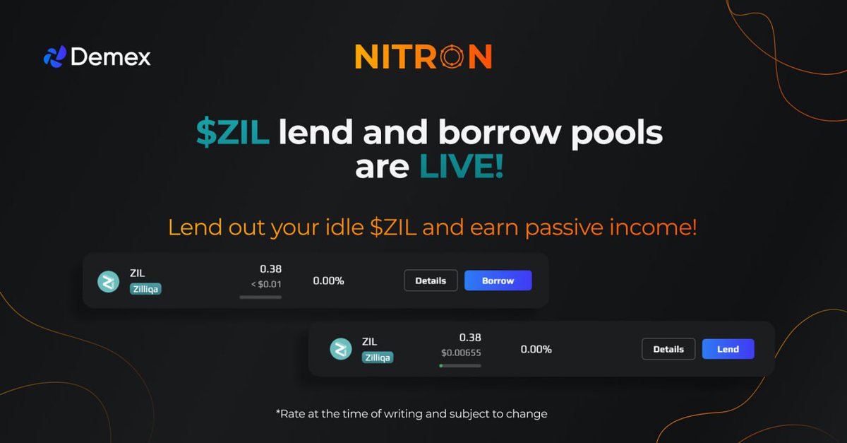 '📢 Exciting news #Zilfam! Demex expands its support on Nitron, the multi-chain, non-custodial money market! 🚀 Now you can earn passive income by lending your ZIL or borrow assets using ZIL as collateral.