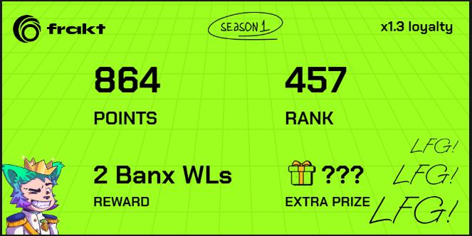 I'm securing my Banx whitelist and winning prizes on the <a href="/frakt_hq/">Banx @banx_gg</a> leaderboard 

Step 1. Get Fraktlisted on fraktlisting.frakt.xyz
Step 2. Climb on leaderboard.frakt.xyz 🔥 
Step 3. Win Banx WLs and bluechip NFTs 🤑
 #GetFraktlisted