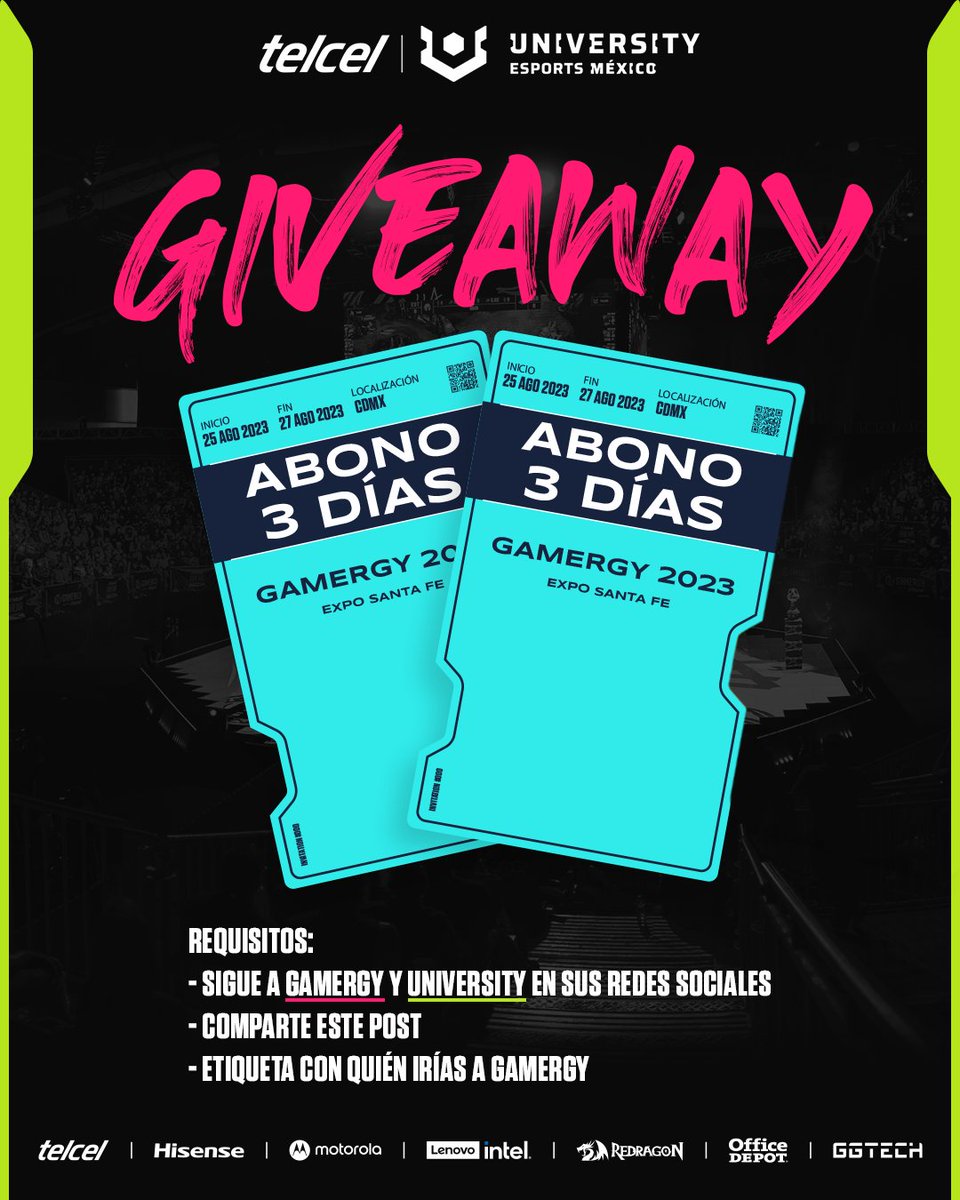 🚨¡Te llevamos a #GAMERGY!🚨
Participa por dos Pases Dobles de 3 días y asiste al evento más épico de videojuegos 🎮
➡️ Sigue a <a href="/GAMERGY_Mx/">Telcel GAMERGY México 🇲🇽</a> y @UniversityMex 
➡️ Comparte este post 🔄
➡️ ¡Etiqueta a tu acompañante!

Anunciaremos a los ganadores en la transmisión de este sábado 🔥