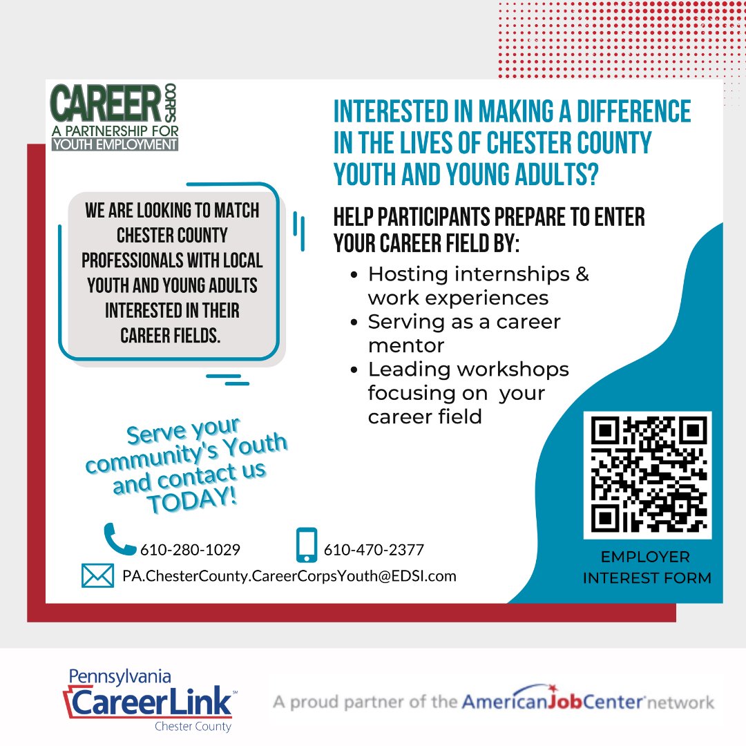 Make a difference in the lives of #ChesterCountyPA youth and young adults by helping them prepare for a career in your field! 

Learn more and start by completing the Career Corps’ interest form here:   forms.office.com/pages/response…

#YouthEmployment