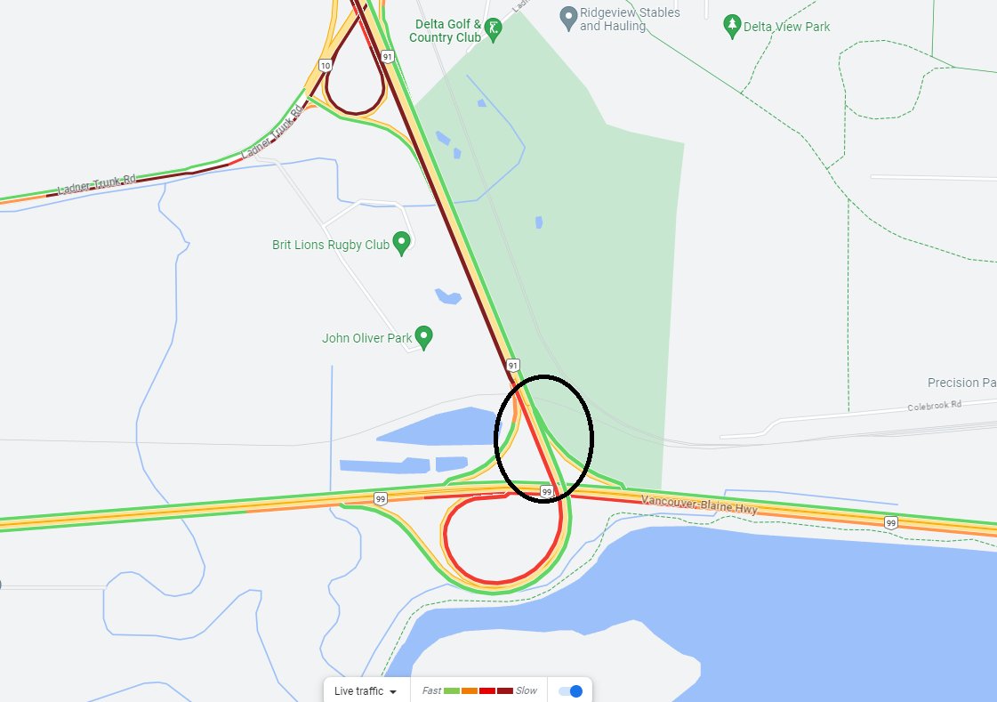 5:00 #SurreyBC #DeltaBC Stalled vehicle on #BCHwy91 southbound before curving onto the #BCHwy99 onramp, on the right shoulder, causing significant delays #1130Traffic