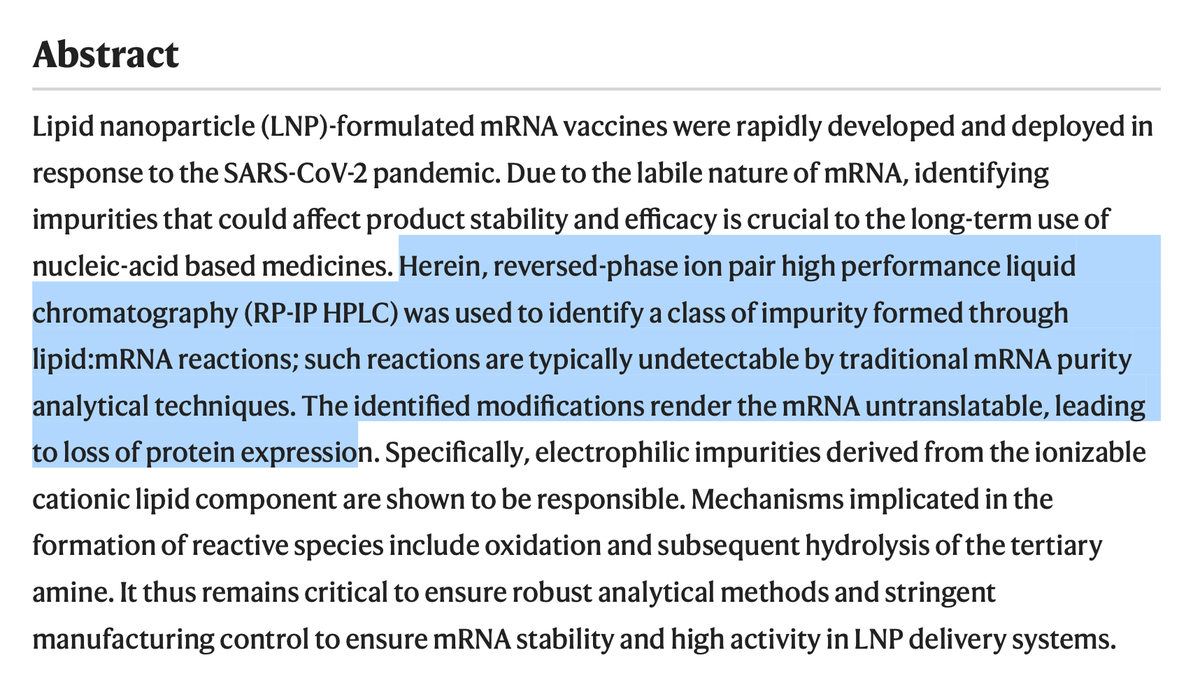 De Do Do Do, De Da Da Da In 2021 scientists used a sensitive test 'Reverse-Phase Ion Pair High Performance Liquid Chromatography' to find impurities in the COVID 💉s. Impurities which give shortened or untranslatable mRNA, which gives aberrant or absent protein expression. >