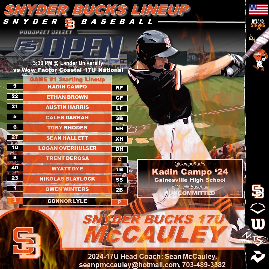 Snyder Baseball (@snyderbaseball) on Twitter photo Snyder Bucks 17u McCauley LINEUP!
Here's our lineup for game #1 of the <a href="/PSBaseballinc/">Prospect Select</a> #BlackBearClassic. Game time HAS BEEN UPDATED to 3:30 PM at Lander University. <a href="/sean_mac89/">Sean McCauley</a>
Good luck Bucks!!
🦌⚾️🦌 Snyder Bucks 17u McCauley LINEUP!
Here's our lineup for game #1 of the <a href="/PSBaseballinc/">Prospect Select</a> #BlackBearClassic. Game time HAS BEEN UPDATED to 3:30 PM at Lander University. <a href="/sean_mac89/">Sean McCauley</a>
Good luck Bucks!!
🦌⚾️🦌