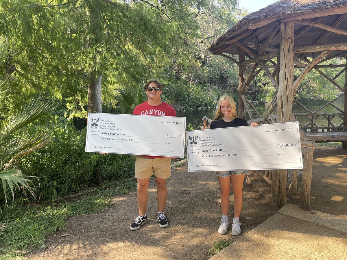 Congratulations to Aidan Peddycoart of Canyon HS &amp; Brooklyn Call of New Braunfels HS for being the recipients of the 2023 SATFCCCA scholarship.  <a href="/NeisdAthletics/">NEISD ATHLETICS</a> <a href="/Coach__Call/">Joel Call</a> <a href="/CoachRandle11/">keith randle</a> <a href="/GamezGlenn/">Canyon Track</a> <a href="/cisdnews/">Comal ISD</a> <a href="/CanyonABC/">Canyon ABC</a>