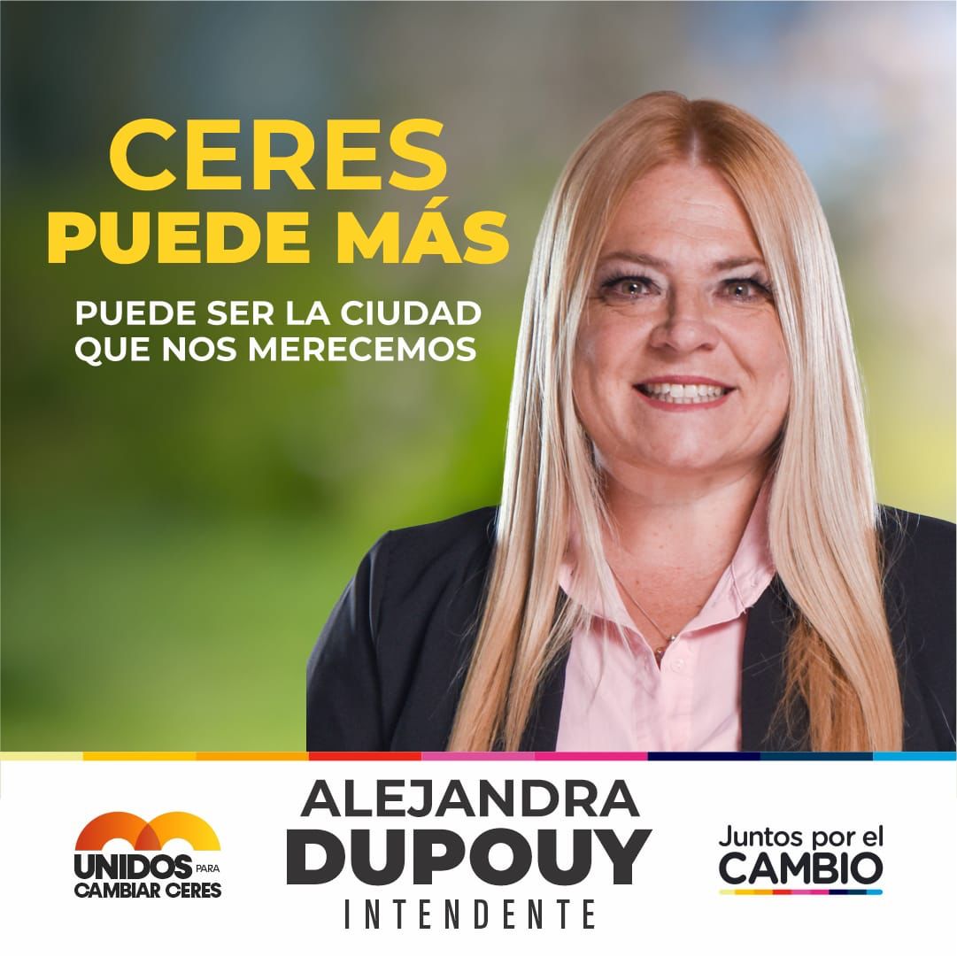 Hace 4 años, comenzamos el camino de transformación de nuestra ciudad. Este 16 de julio, volvemos a elegir #AlejandraDupouyIntendente porque sabemos que Ceres puede más, porque queremos hacer de Ceres, la ciudad que merecemos💛 

#CeresPuede