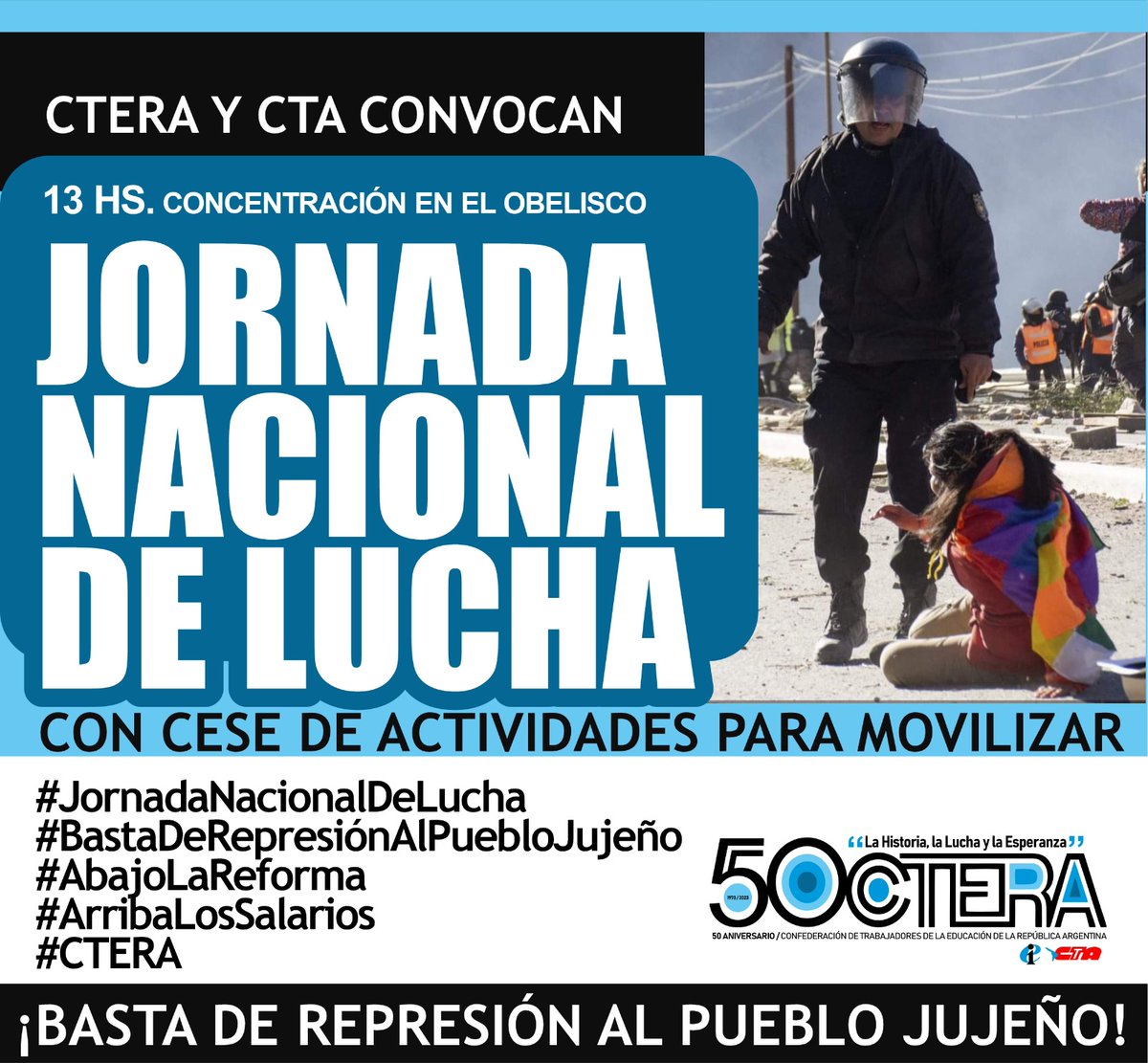 cteracta's tweet image. ¡JORNADA NACIONAL DE LUCHA!
#BastaDeRepresionAlPuebloJujeño
#AbajoLaReforma
#ArribaLosSakarios
#CTERA