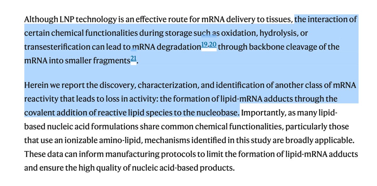 mRNA in 💉 can spontaneously degrade during storage. LNPs in the 💉 can also react with the mRNA to render it inactive: '...the formation of lipid mRNA adducts.' >