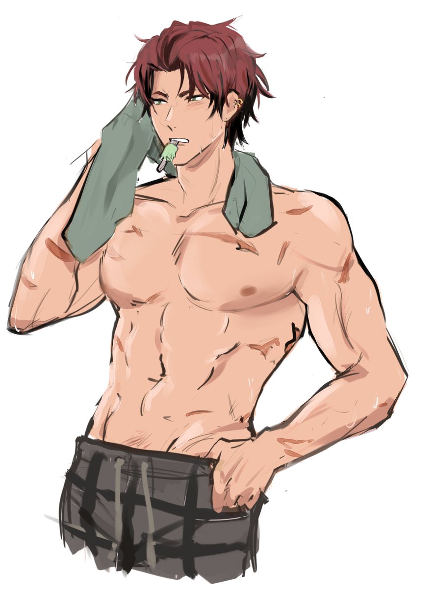 he's eating a melona after shower