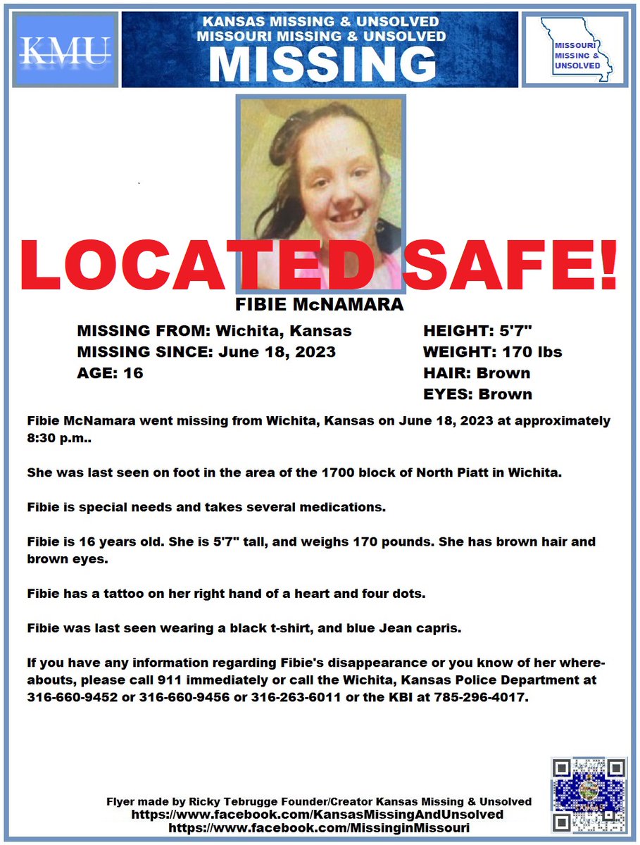FIBIE HAS BEEN #LOCATED SAFE!!! THANK YOU TO ALL WHO RETWEETED HER FLYER!!! #MISSINGPERSON #MISSING @AnnetteLawless #KansasMissing #MissingInKS