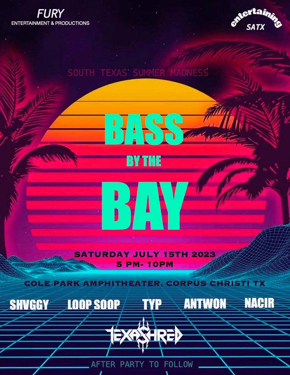 FuryEandP's tweet photo. Bass by the Bay 🔊🌊
Corpus Christi, July 15th, 2023
5:00pm - 10:00pm🗓️
FREE SHOW/EVENT
We’ve always wanted to throw a show at this spot and now we are 🤘🏽
There will be local food trucks &amp;  local vendors out there as well🎨🍽️ https://t.co/zFt4cZtg77