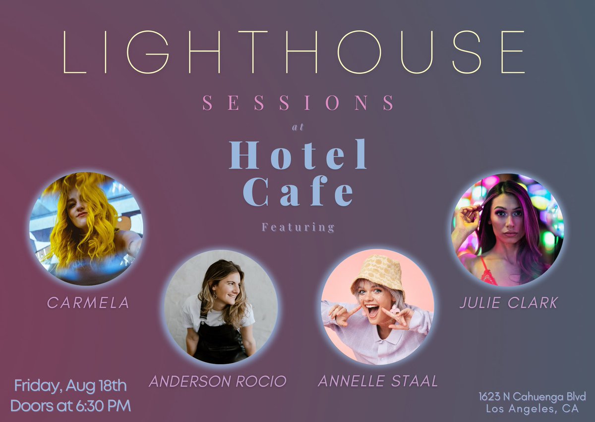 BIG NEWS!!! Introducing ✨Lighthouse Sessions✨a new event series shining a light on an ocean of uniquely talented artists + their original music. Catch the wave Friday, Aug 18 at 6:30 pm at <a href="/thehotelcafe/">Hotel Cafe</a> feat. <a href="/ohcarmela/">carmela</a> <a href="/annellestaal/">Annelle</a> <a href="/andersonrocio_/">Anderson Rocio</a> 🙌🏼 Tix 
link coming soon!