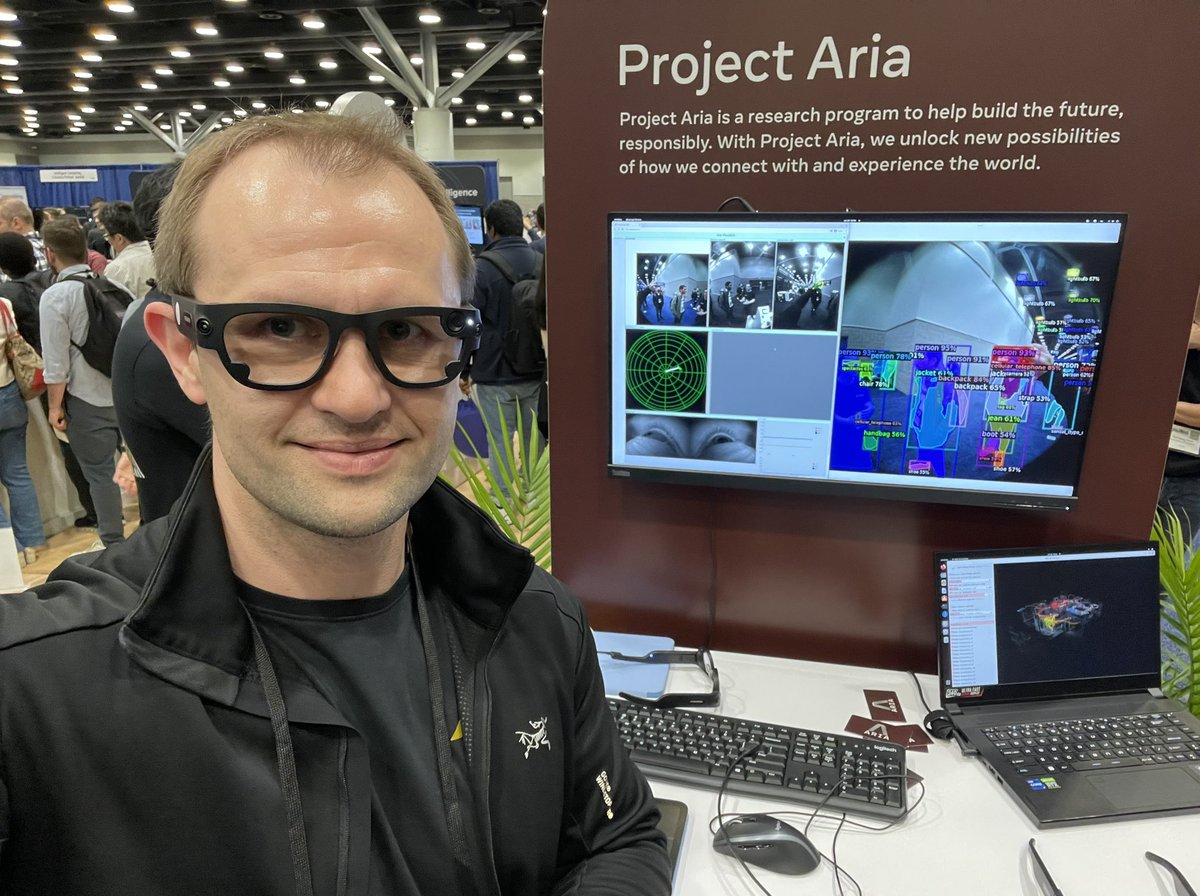 To learn about the sensor suite inside Project Aria glasses and see a demo of the data streaming to a computer for processing, come to the MetaAI booth at the #CVPR2023 expo