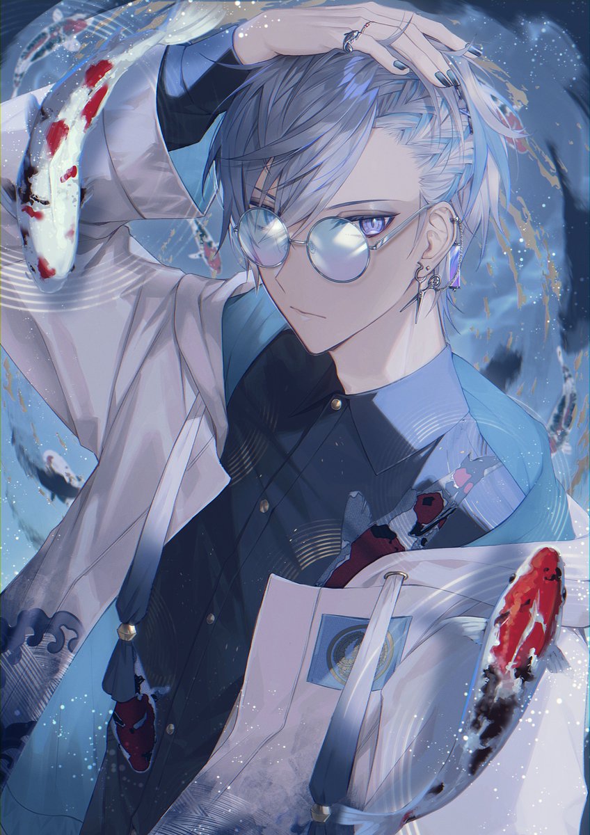 1boy male focus jewelry fish earrings solo glasses  illustration images